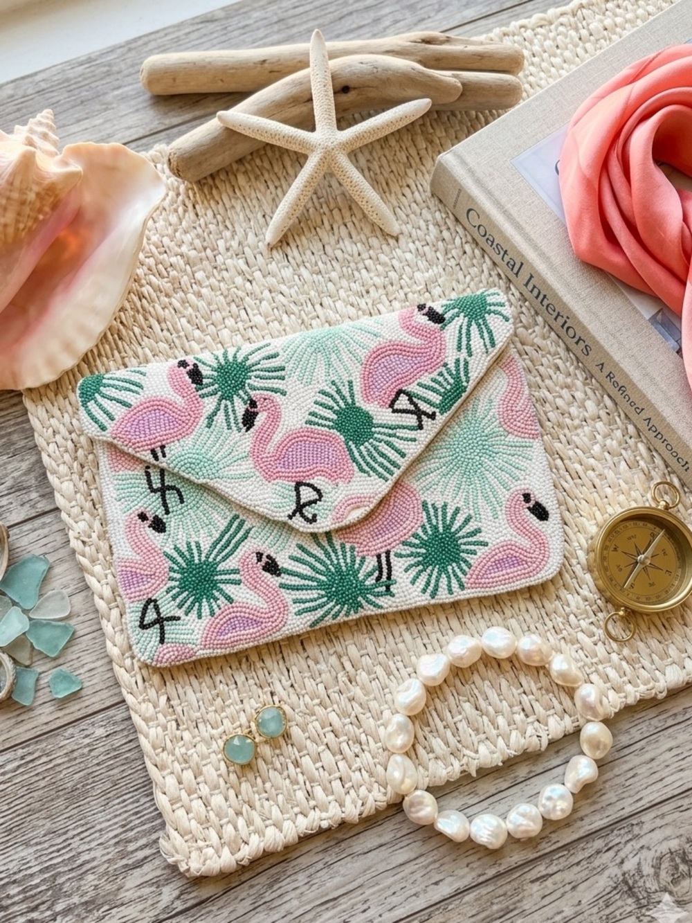 Beaded Pink Flamingo Envelope Clutch Shoulder Bag